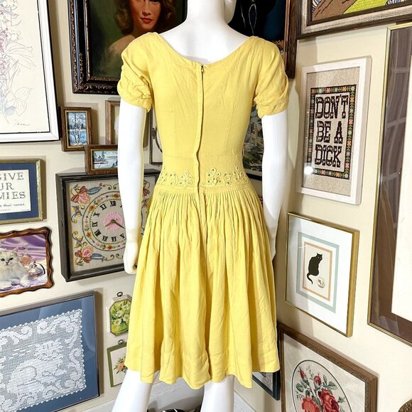 60s Vintage Yellow Fit and Flare Midi Dress with Soutache Braid and Rhinestones - Picture 3 of 6